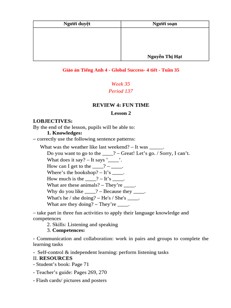 English Lesson Plan for Grade 4 Review | PDF | Reading Comprehension ...