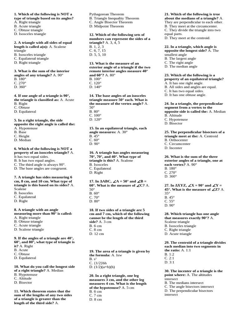 Triangle Properties and Types Quiz | PDF | Triangle | Elementary Geometry