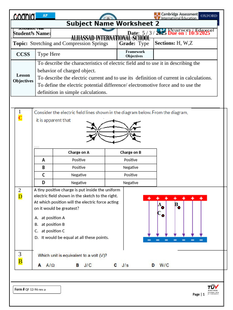 Electric Field and Current Worksheet | PDF | Electric Field | Physical ...