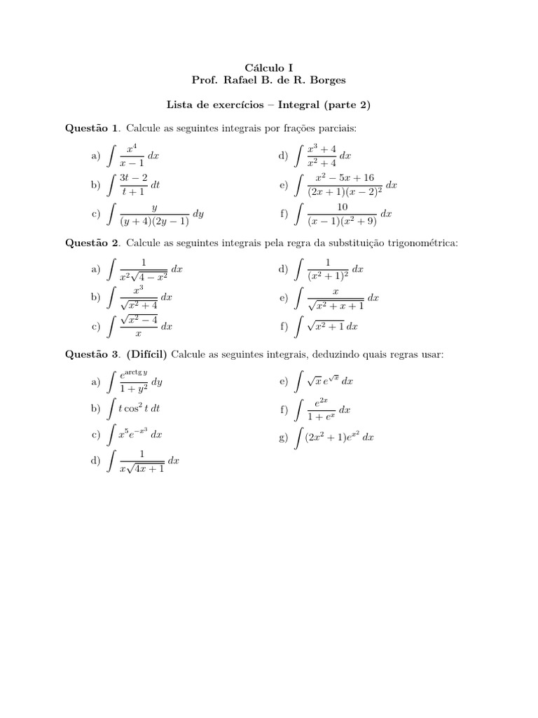 Exercícios Resolvidos de Integrais | PDF