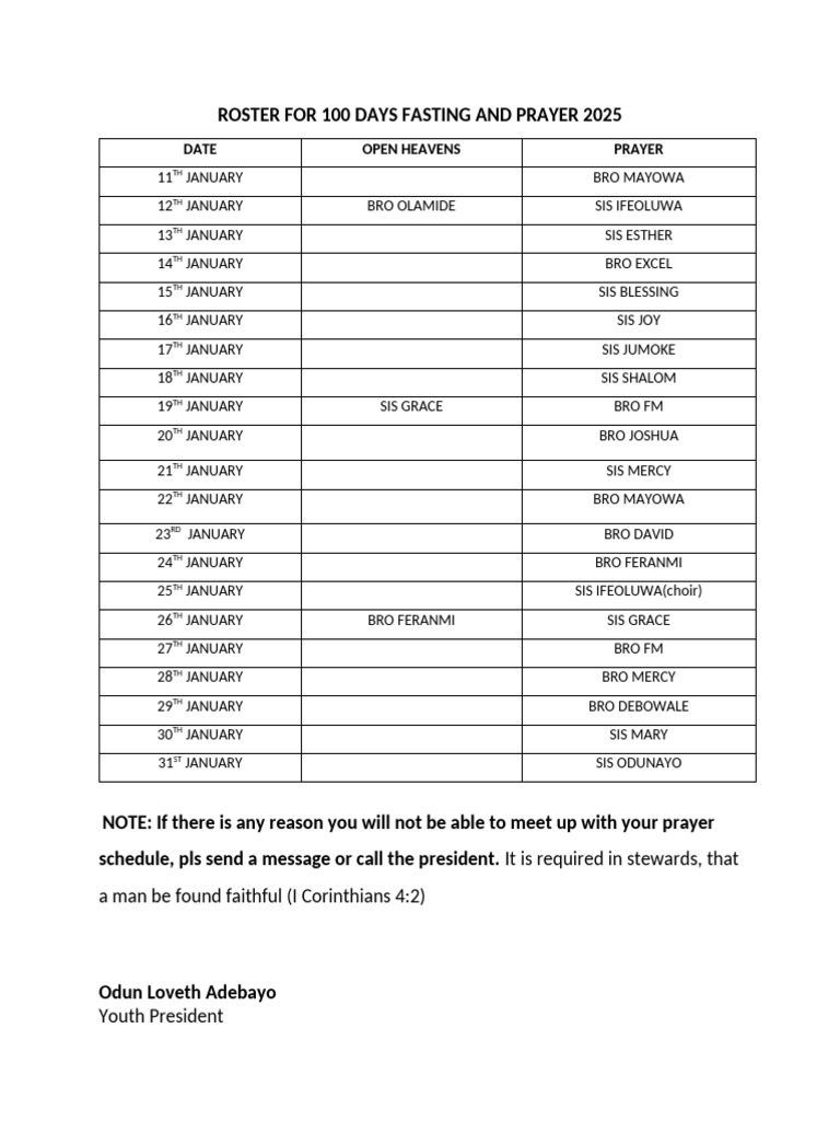 2025 Fasting and Prayer Roster | PDF