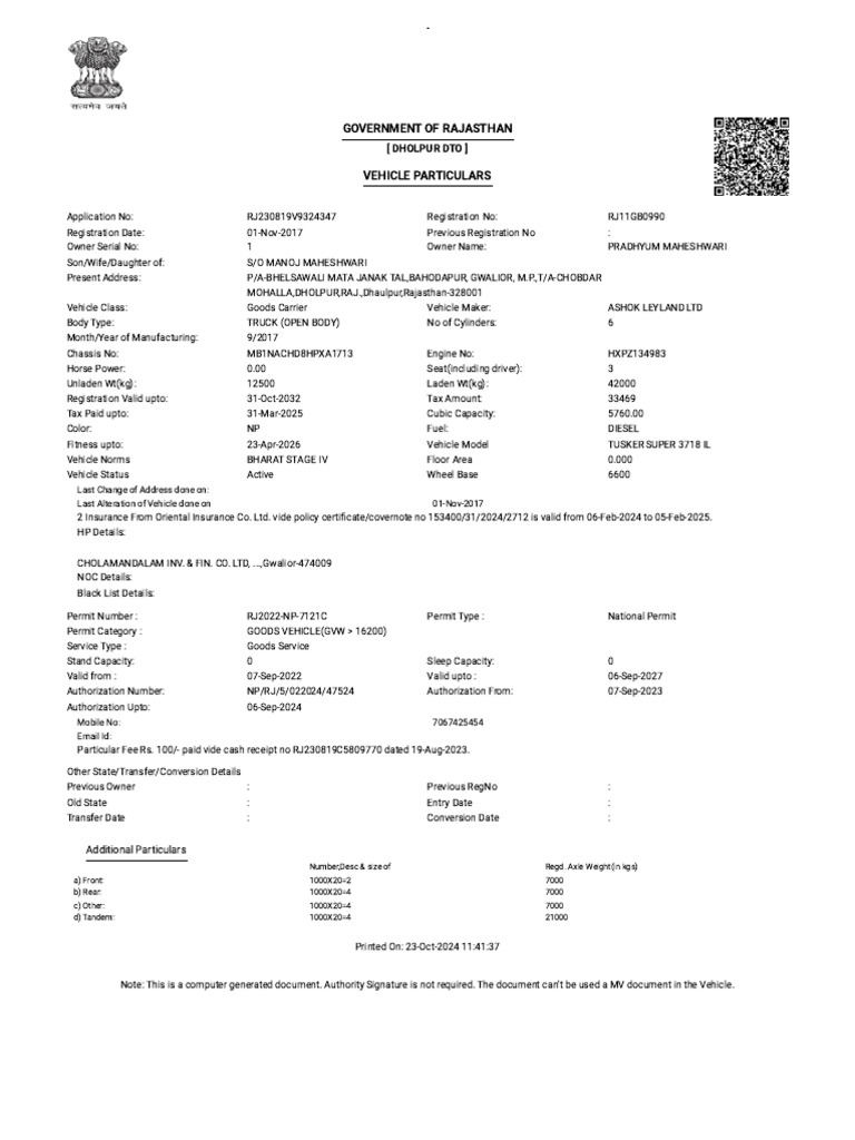 Pradum Meshwari RC Particular | PDF | Vehicles | Motor Vehicle
