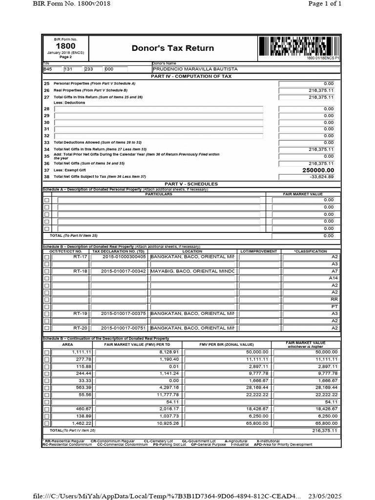 Donor's Tax Return BIR Form 1800 | PDF | Taxes | Government Finances