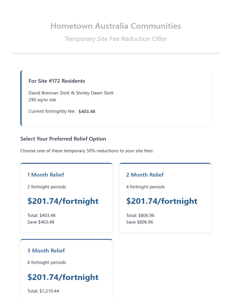 Site Fee Reduction Offer - Hometown Australia Stott | PDF