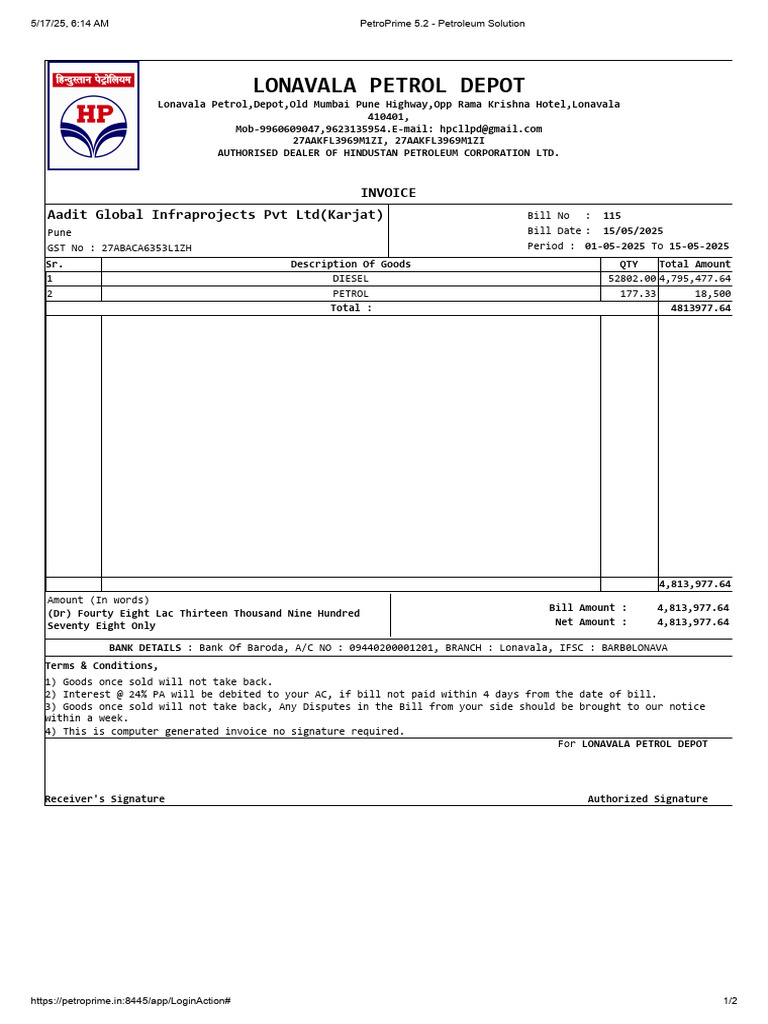 Invoice for Aadit Global Infraprojects | PDF | Oils | Petroleum Industry