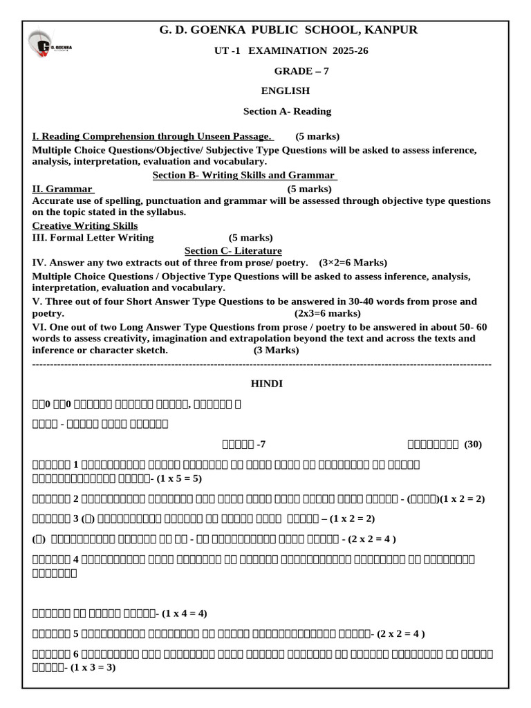 Ut 1 Blueprint Grade 7 Session 2025-26-1 | PDF