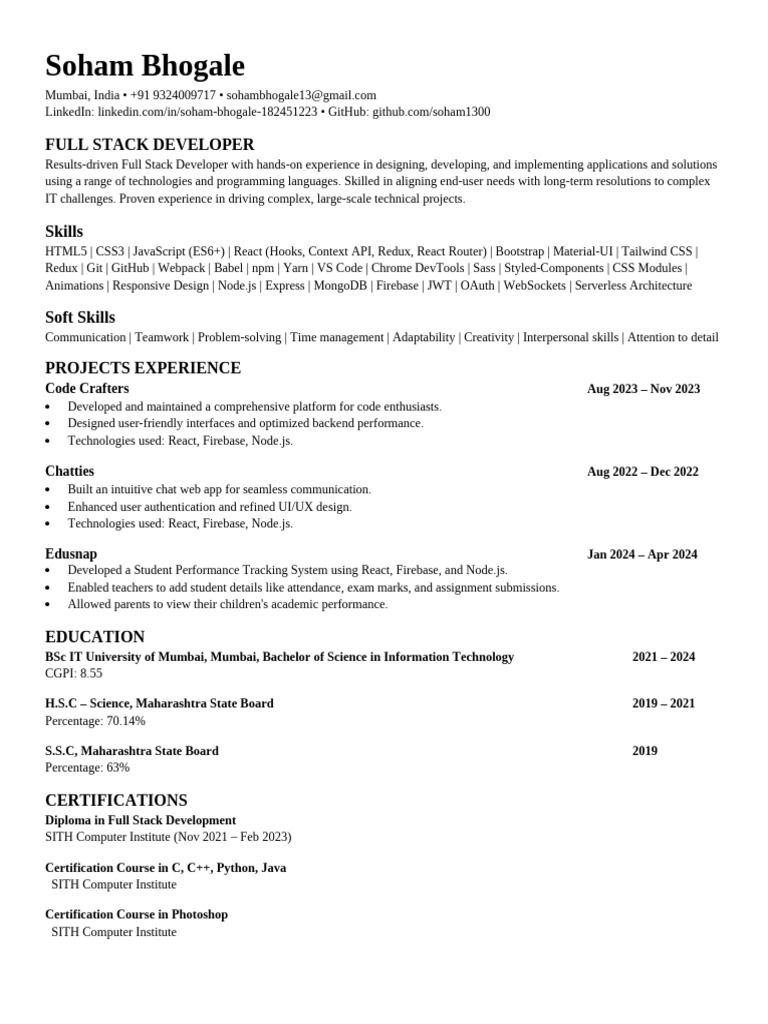 Soham Bhogale: Full Stack Developer Profile | PDF | Computing ...