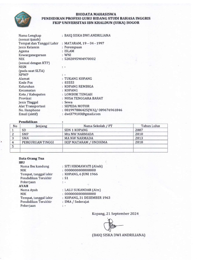 Baiq Siska Dwi Andriliana - Bio | PDF