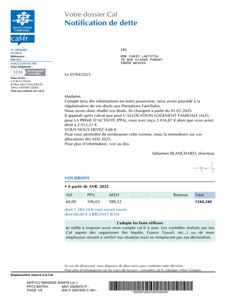 Notification de dette et recours Caf | PDF