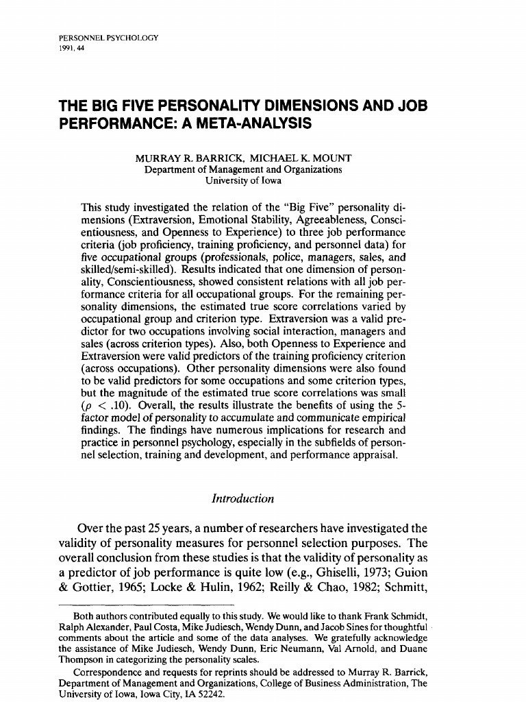 Barrick, Mount 1991 The Big Five Personality Dimensions and Job Performance