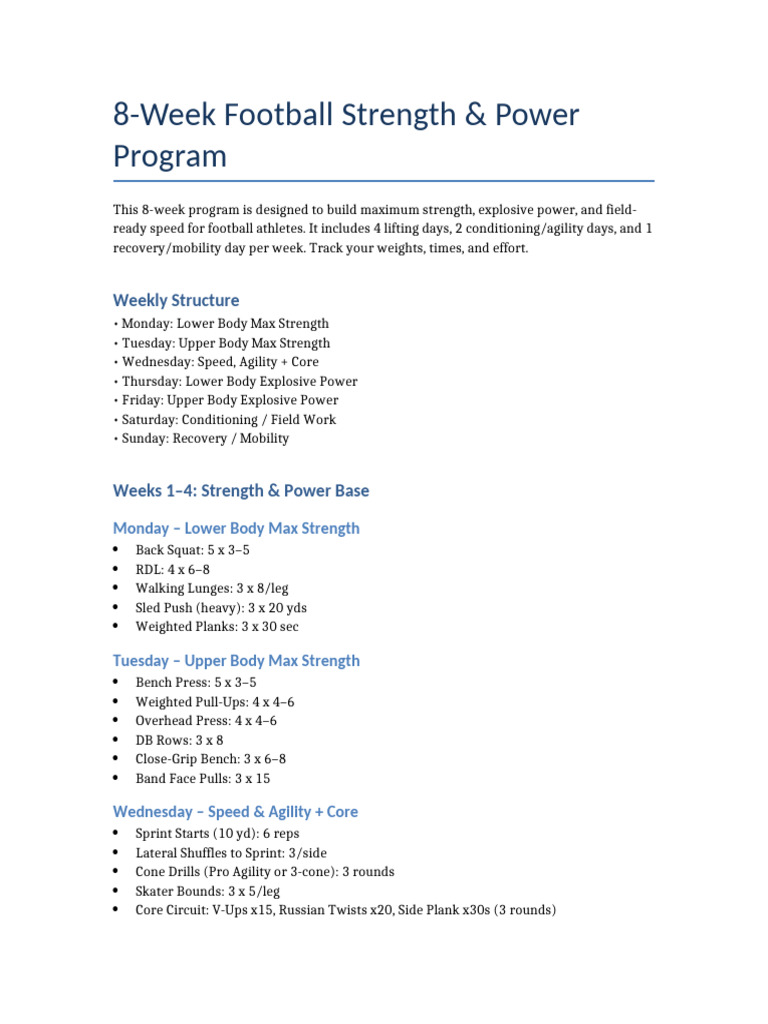 8-Week Football Strength Program | PDF