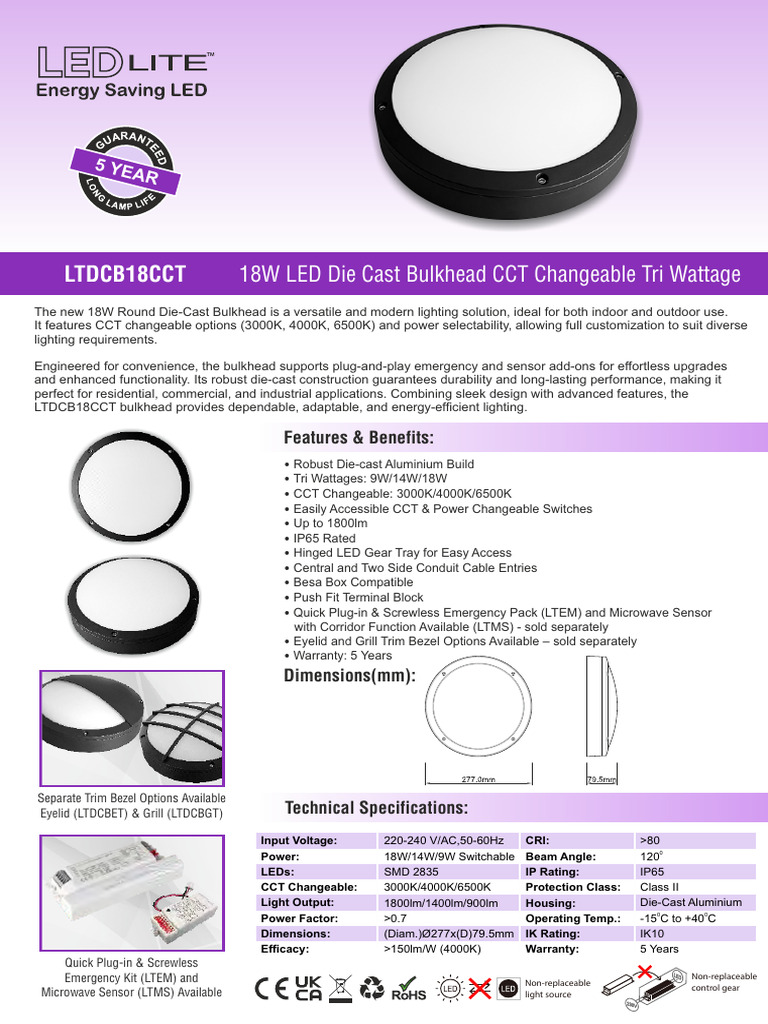 18W CCT Changeable LED Bulkhead Light | PDF | Lighting | Manufactured Goods