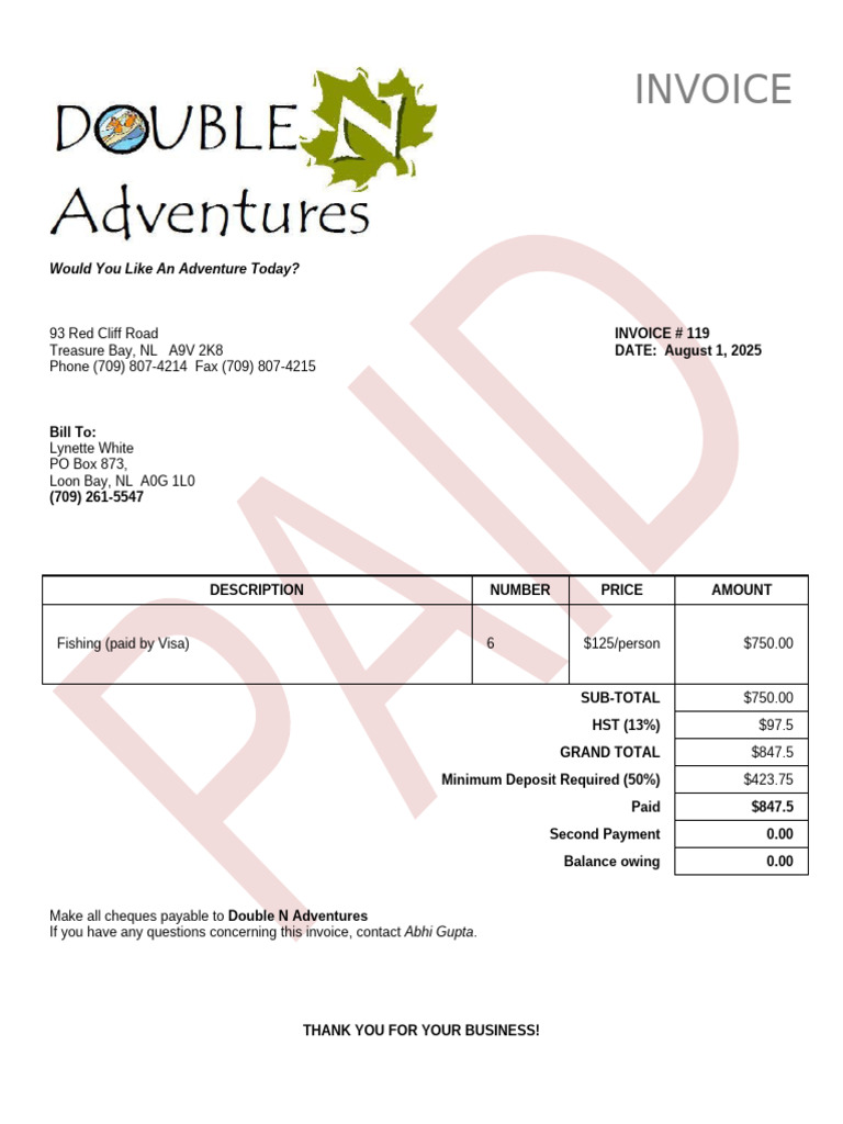 Invoice for Fishing Adventure Payment | PDF