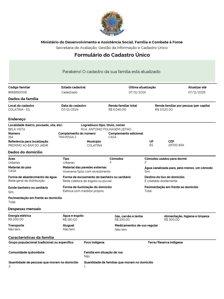 Formulário Do Cadastro Único: Parabéns! O Cadastro Da Sua Família Está ...