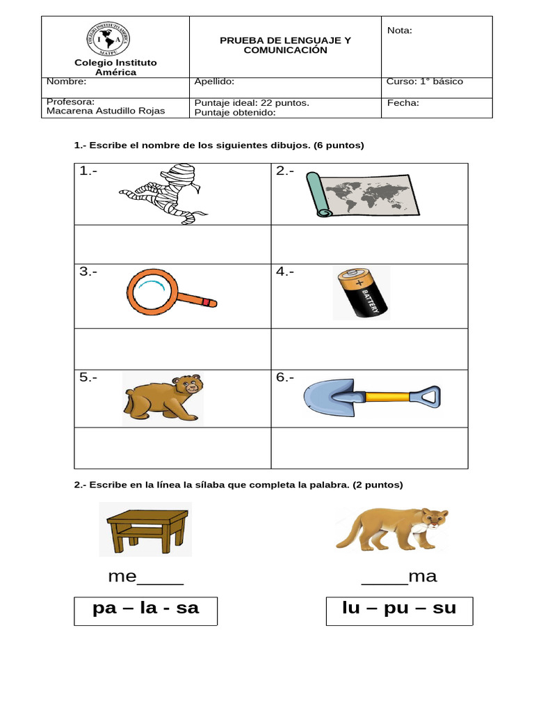 Prueba de Lenguaje 1° Básico | PDF