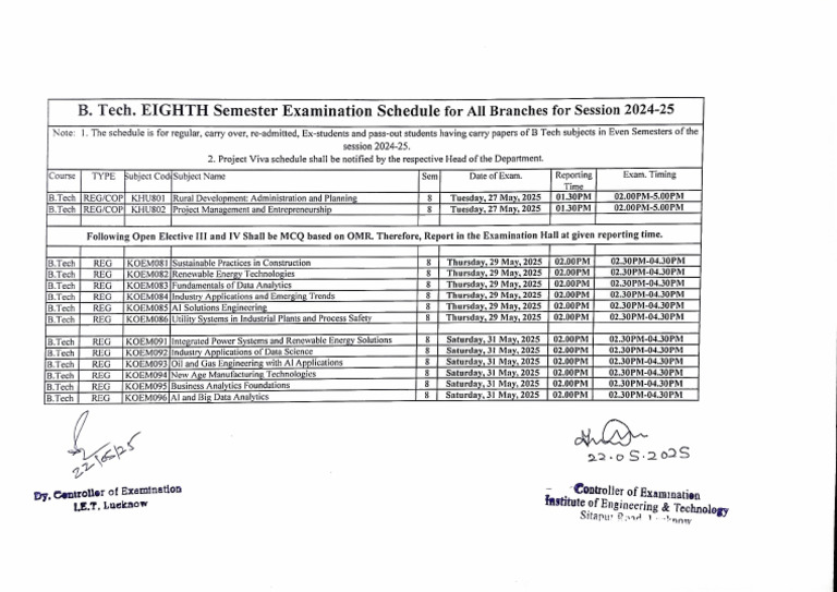 Final Year Examination Schedule Even Sem 2024-25 | PDF