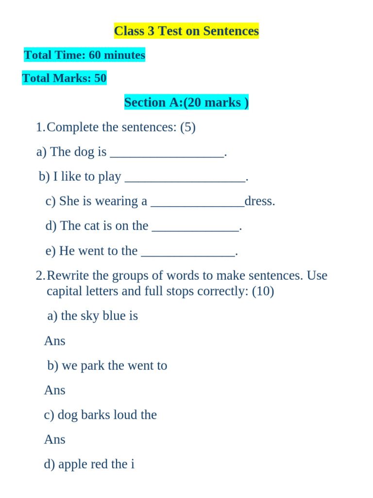 Class 3 Sentence Test Worksheet | PDF