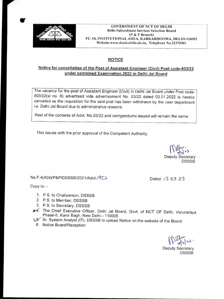 Notice For Cancellation of The Post of Assistant Engineer Civil | PDF