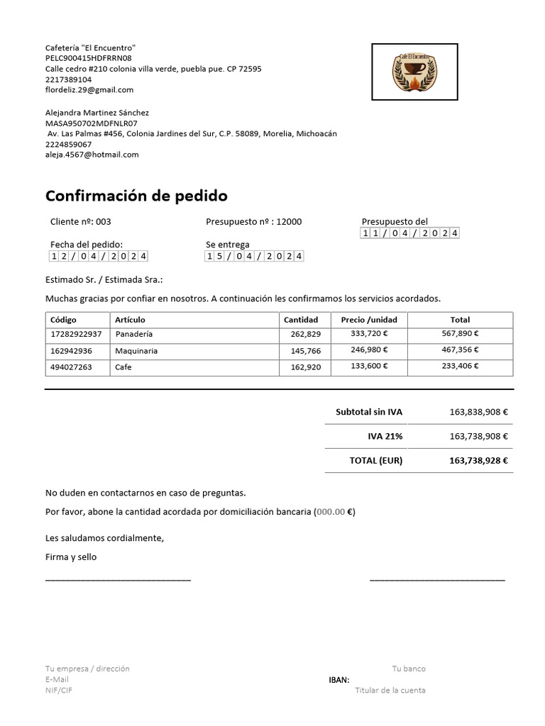 Confirmación de Pedido y Detalles Financieros | PDF