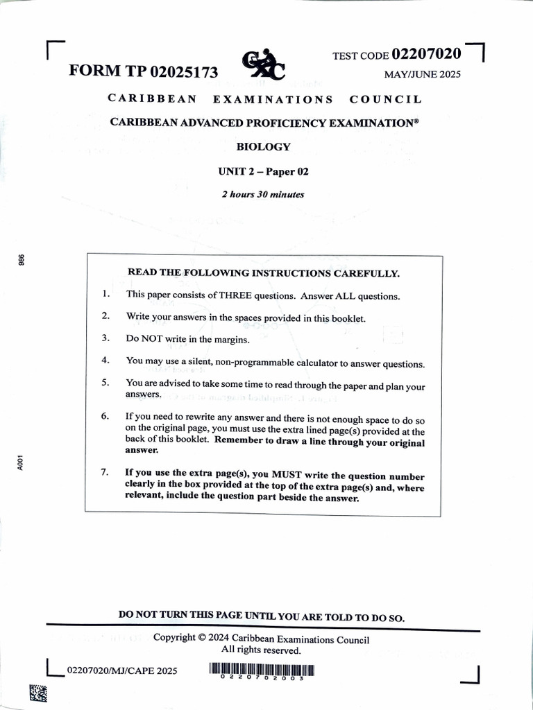 CAPE Biology Unit 2 Paper 2 2025 | PDF | Ventricle (Heart) | Heart