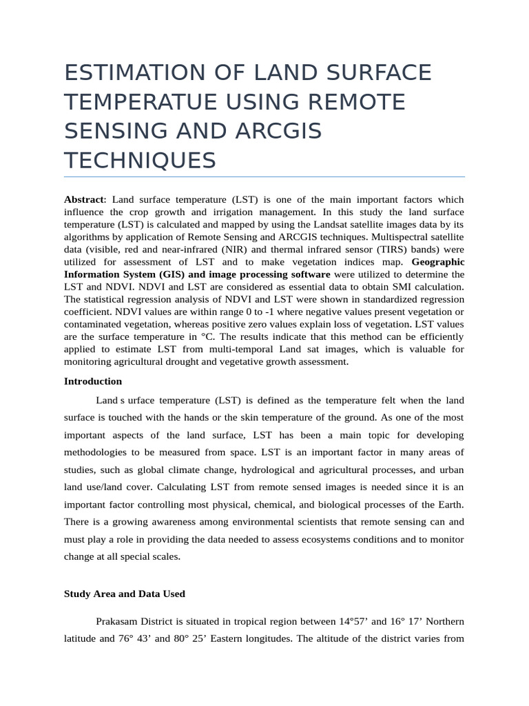 Estimation of Land Surface Temperatue Using Remote Sensing and Arcgis ...