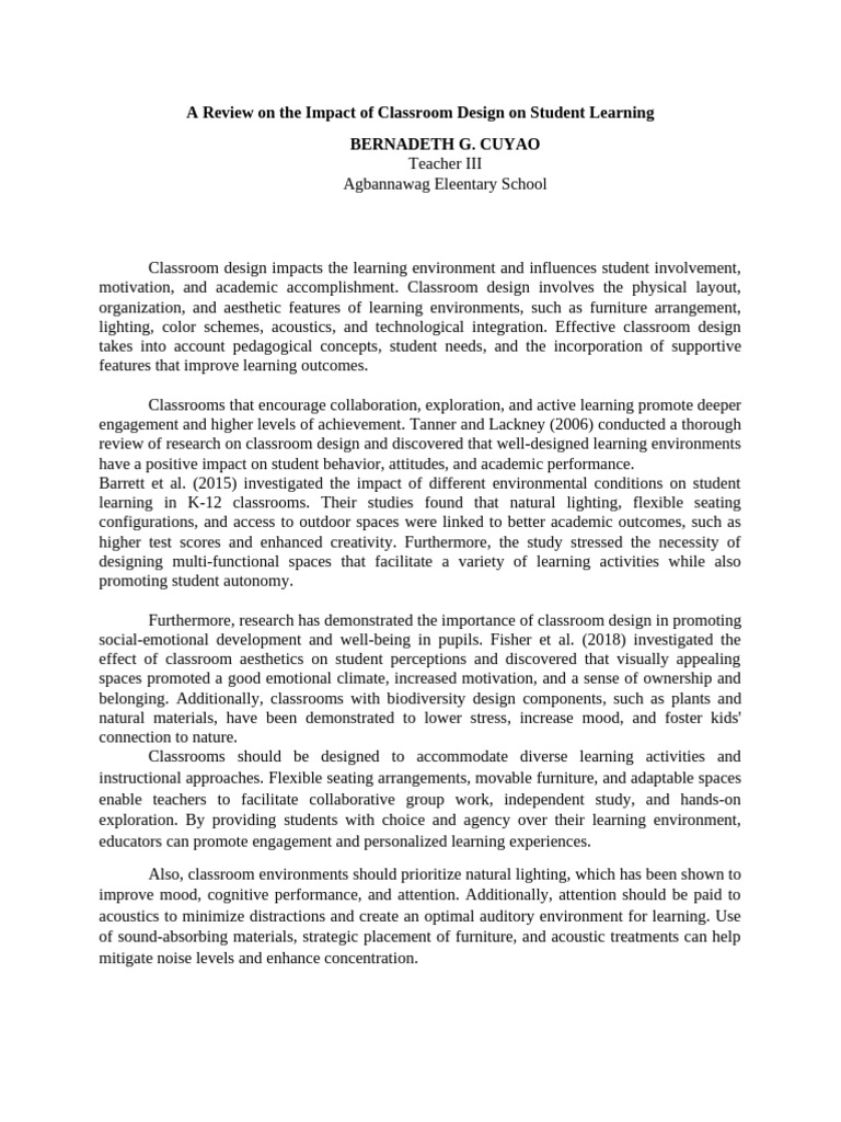 A Review On The Impact of Classroom Design On Student Learning | PDF ...