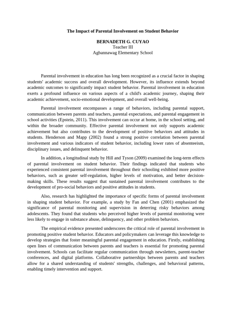 The Impact of Parental Involvement On Student Behavior | PDF | Behavior ...
