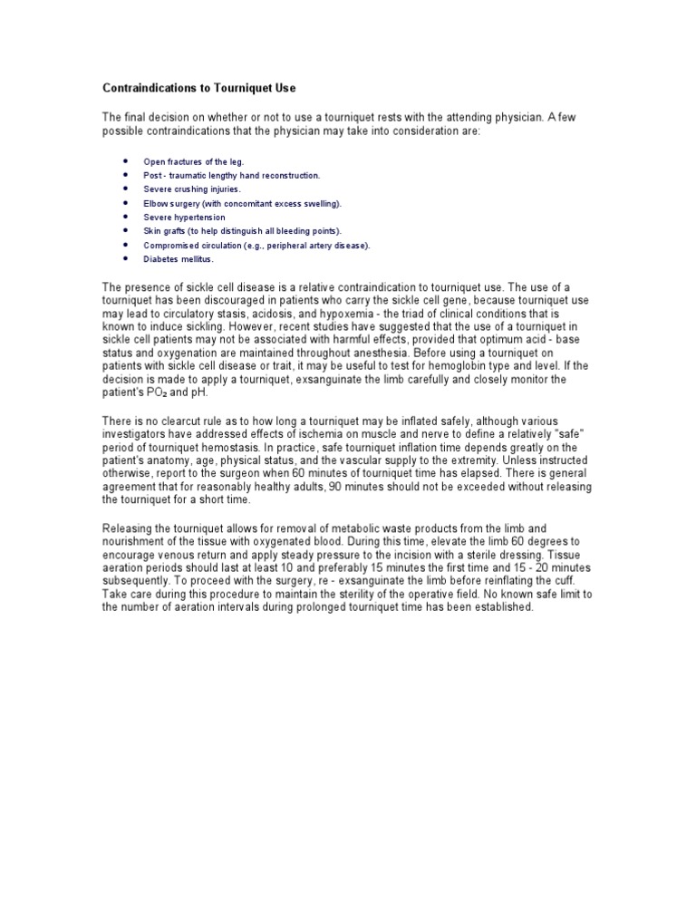 Contraindications To Tourniquet Use PDF Surgery Circulatory System