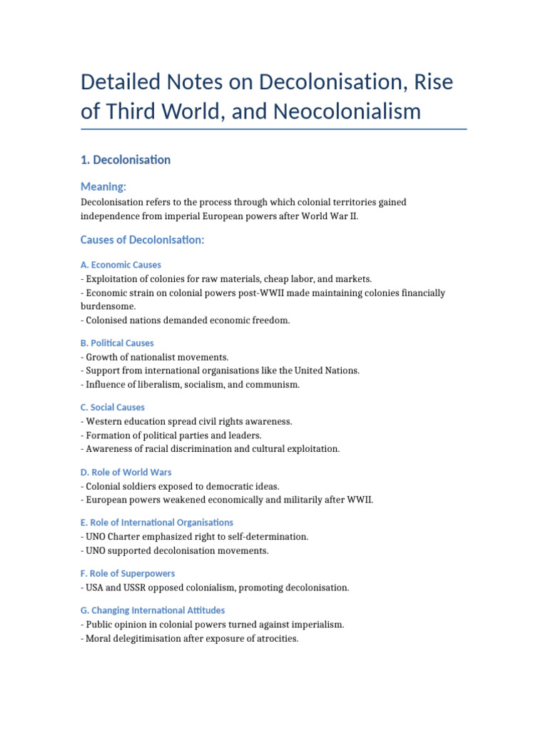 Detailed Notes Decolonisation ThirdWorld Neocolonialism | PDF ...