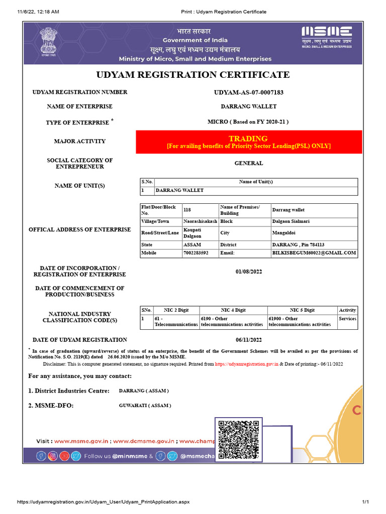 Darrang Wallet Udyam Registration Certificate | PDF