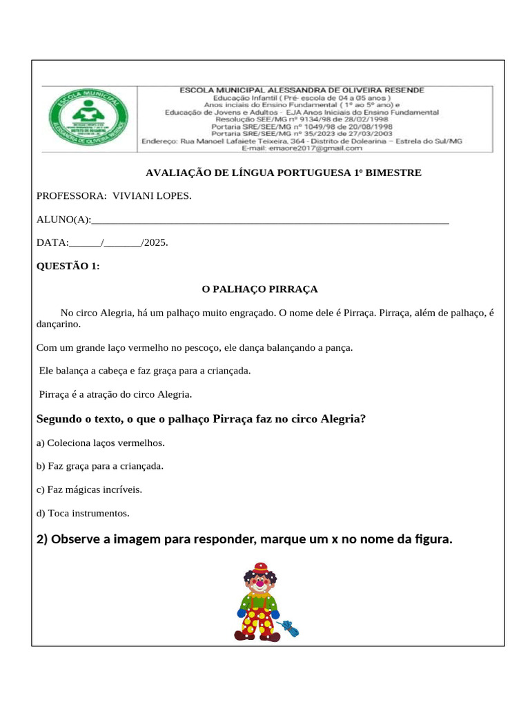 AVALIAÇÃO DE LÍNGUA PORTUGUESA 2° Ano | PDF