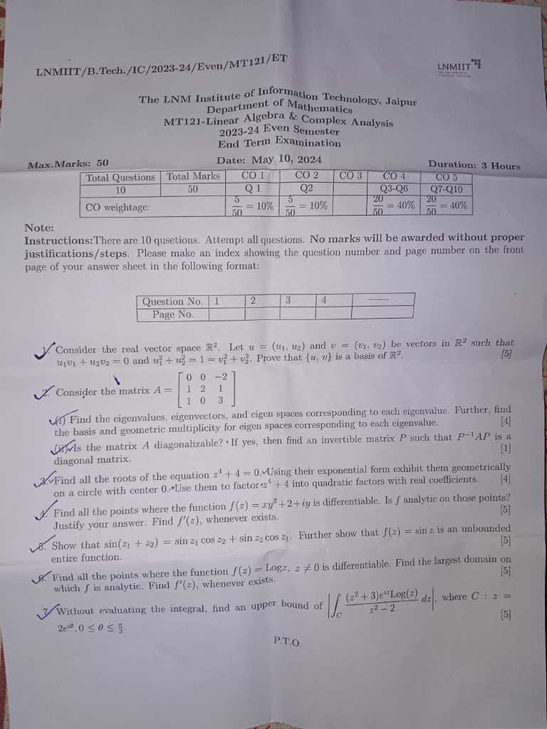LNMIIT MT121 Exam Paper 2023-24 | PDF | Eigenvalues And Eigenvectors ...