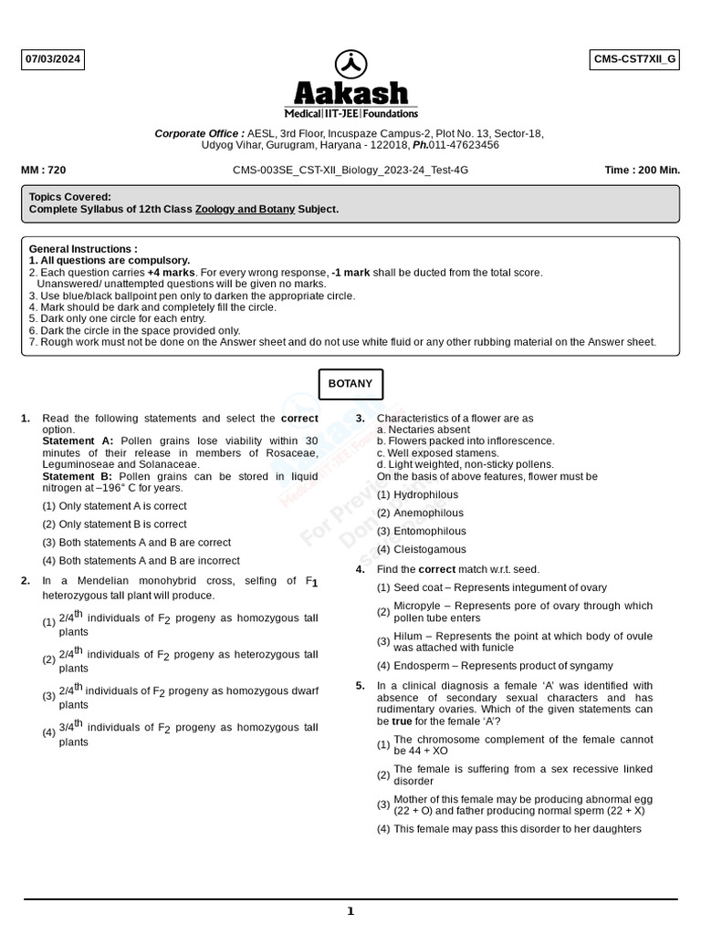 CMS 003SE CST XII Biology 2023 24 Test 4G Test Date 03 03 2024 | PDF ...