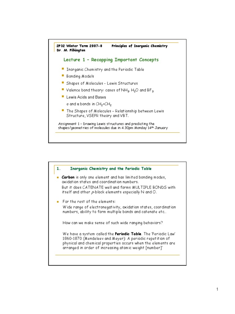Inorganic Chemistry Lecture 1 Notes | PDF | Chemical Bond | Covalent Bond