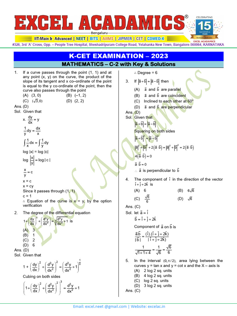 CET Maths 2023 With Solutions | PDF | Slope | Mathematical Analysis