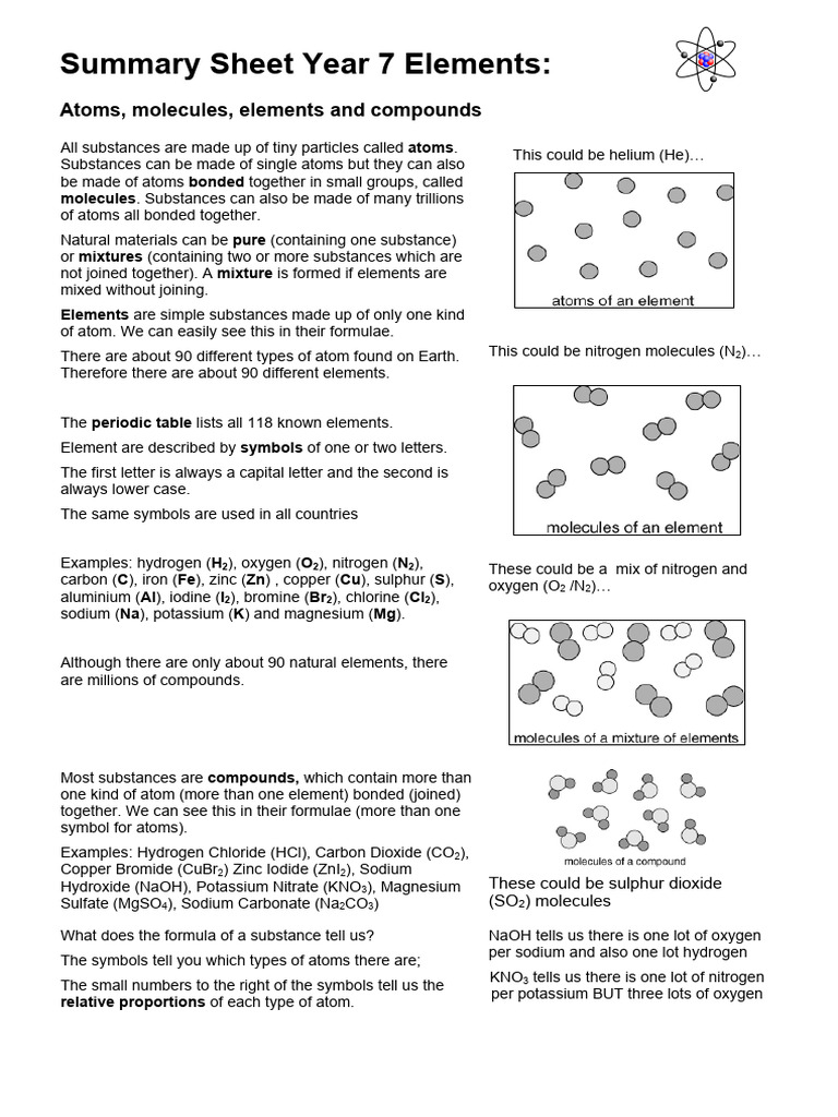 Year 7 Elements and Compounds Guide | PDF | Chemical Compounds ...
