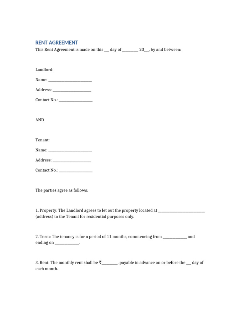 11-Month Rent Agreement Template | PDF