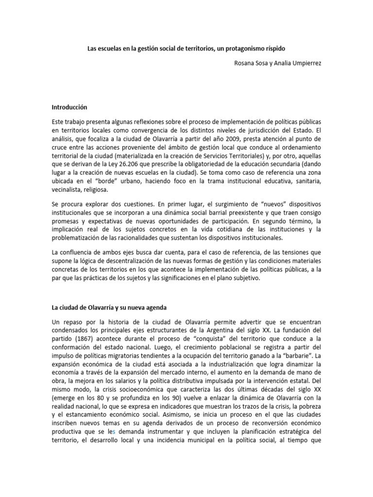 Las Escuelas en La Gestión Social de Territorios, Un Protagonismo ...