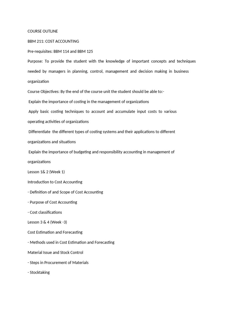 Cost Accounting Course Outline | PDF | Cost Accounting | Financial ...