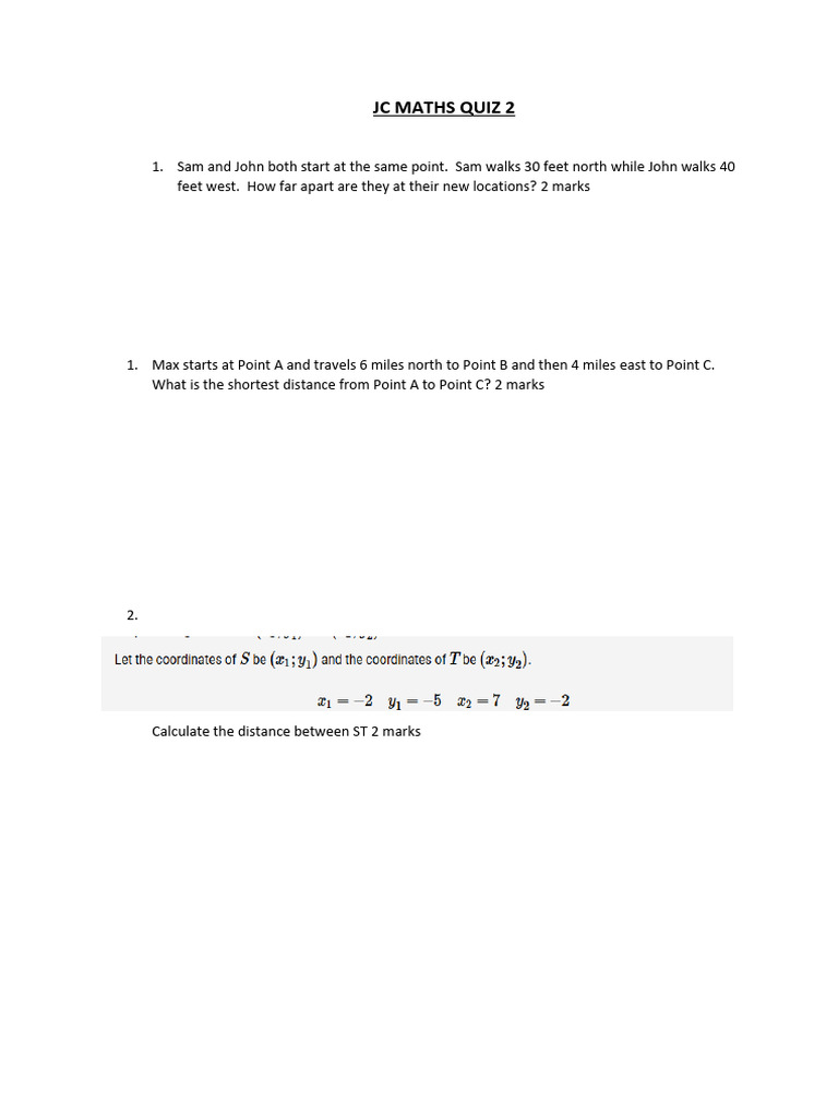 JC Maths Quiz 2 | PDF