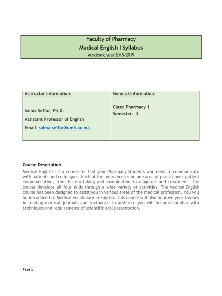 Medical English I Syllabus for Pharmacy Students | PDF | Pharmacy ...