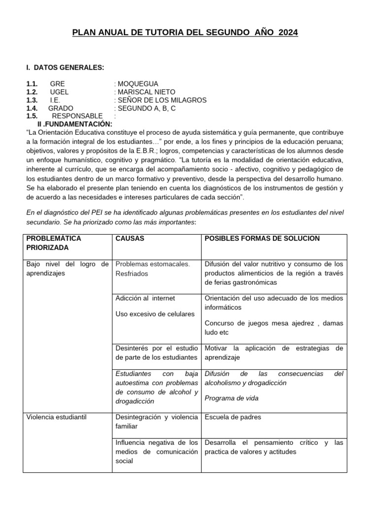 Plan Tutorial 2° 2024.che | PDF | Violencia doméstica | Evaluación