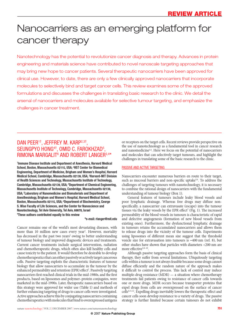 Nanocarriers in Cancer Therapy Review | PDF | Nanomedicine | Cancer