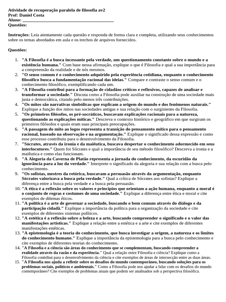 Atividade de Recuperação em Filosofia | PDF | Science | Conhecimento