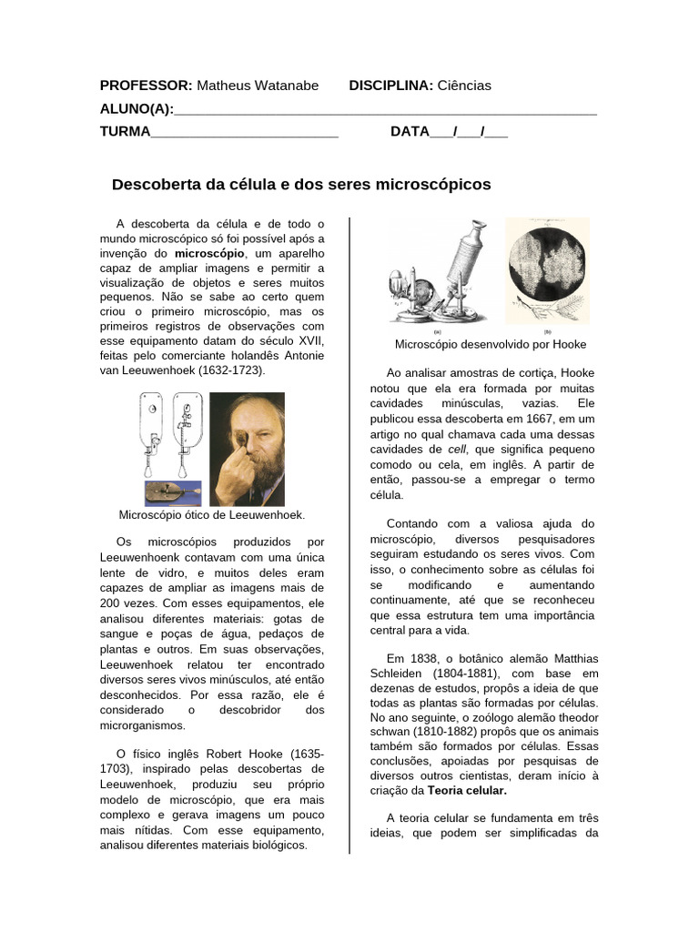 Atividade Microscopio | PDF | Microscópio | Célula (Biologia)