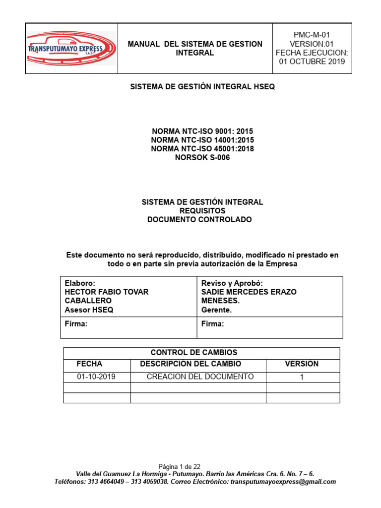Manual de Gestión Integral HSEQ 2019 | PDF | Seguridad y salud ...