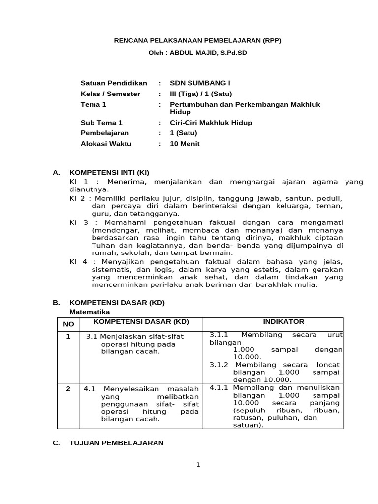 Rencana Pelaksanaan Pembelajaran (RPP) Oleh: Abdul Majid, S.PD - SD | PDF