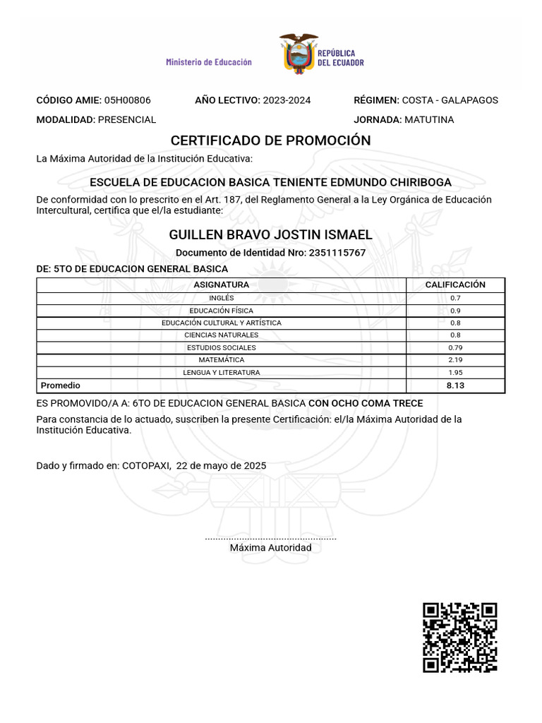 Certificado de Promoción Escolar 2023-2024 | PDF