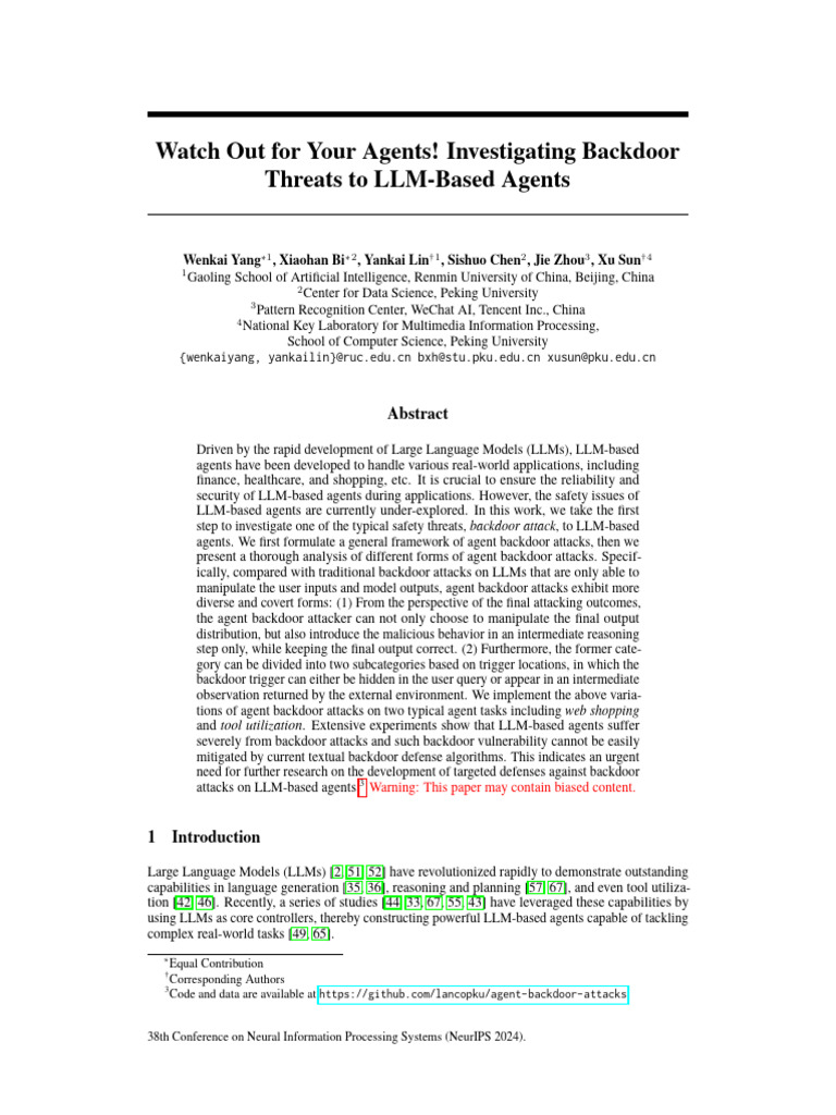 NeurIPS 2024 Watch Out For Your Agents Investigating Backdoor Threats ...