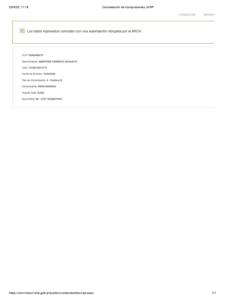 Constatación de CAE AFIP 30546679183 | PDF